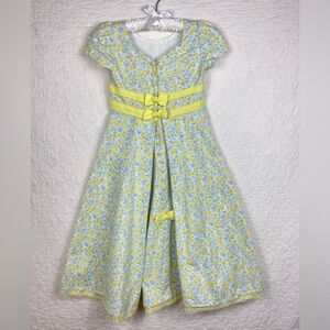 🔥Girls Formal Party Dress Short Sleeve Maxi Length Blue Yellow With Sash & Bow
